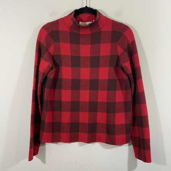 Field Flower Anthropologie Red Buffalo Plaid Wool Blend Mock Neck Sweater Size S - Picture 1 of 8